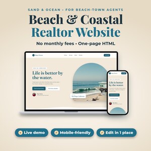 Beach Realtor Website Template, Coastal Real Estate Agent Site, One Page HTML, Ocean Blue