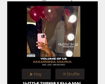 May include: Custom album cover design with the text "VOLUME OF US" by Maurissa Maria. The cover features a photo of a person holding a pink phone, with a mirror reflection and balloons. Includes a tracklist and the date July 14, 2025.