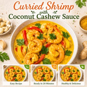 May include: A bowl of curried shrimp with coconut cashew sauce, garnished with parsley, red and yellow bell peppers. The text reads Curried Shrimp with Coconut Cashew Sauce, Easy Recipe, Ready in 20 Minutes, and Healthy & Delicious.