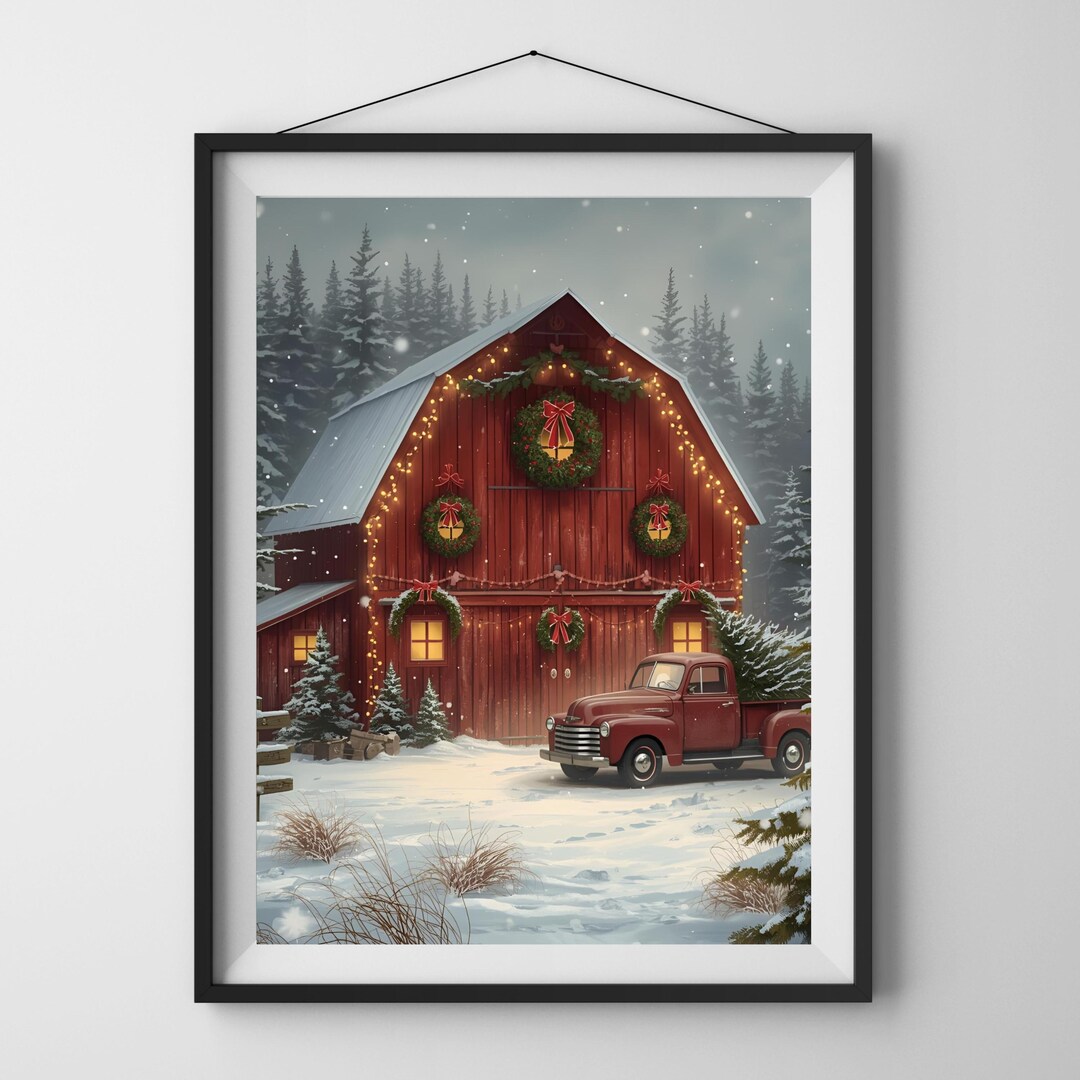 Vintage Christmas Barn Print – Snowy Farmhouse Holiday Decor (digital ...