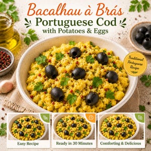 Bacalhau à Brás Recipe | Portuguese Cod Potato Egg Dish | Traditional Portuguese Seafood Recipe | Printable Recipe PDF