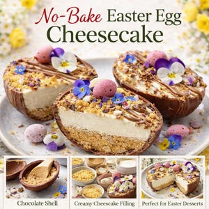 May include: No-Bake Easter Egg Cheesecake. Three chocolate egg-shaped desserts filled with creamy cheesecake, topped with crumbs, chocolate drizzle, edible flowers, and speckled Easter egg candies. The image also shows the ingredients and a cheesecake slice.