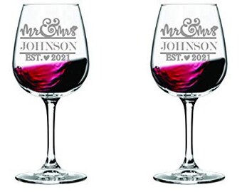 Personalized Mr Mrs Wine Glasses Set of 2, Custom Engraved Wine Glasses – Personalized Laser Engraved Text