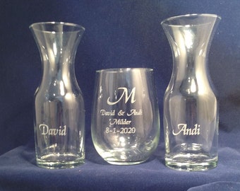 Personalized Stemless Wine Unity Ceremony  3 piece set includes Two individual  Wine Carafes and One Stemless Wine Glass