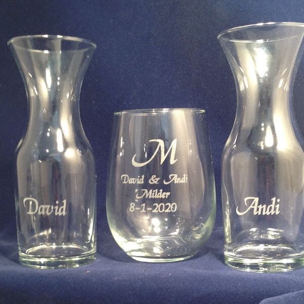 Personalized Stemless Wine Unity Ceremony  3 piece set includes Two individual  Wine Carafes and One Stemless Wine Glass