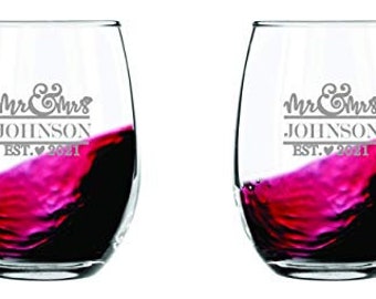 Personalized Mr Mrs Stemless Wine Glasses Set of 2, Custom Engraved Champagne Glasses – Personalized Laser Engraved Text