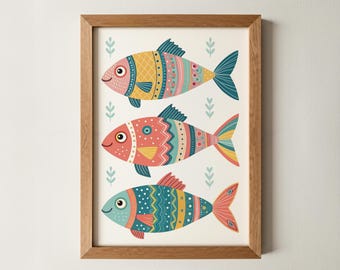 Colorful Fish Wall Art | Whimsical Ocean Nursery Print | Eclectic Folk Art Sea Life Illustration | Playroom & Kids Room Ocean Decor Poster