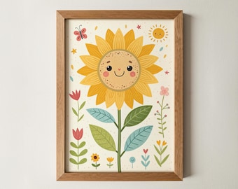 Whimsical Sunflower Wall Art | Happy Flower Kids Print | Eclectic Nursery Wall Decor | Flower Illustration for Playroom & Kids Room