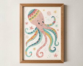 Octopus Nursery Print | Ocean Animal Wall Art | Sea Life Kids Decor | Pastel Underwater Illustration | Printable Nursery Poster | Baby Room