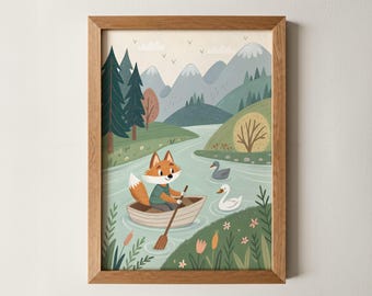 Fox Adventure Print Woodland Animal Nursery Wall Art Cozy Forest Kids Room Decor Whimsical Minimal Illustration Nature Baby room Wall Art