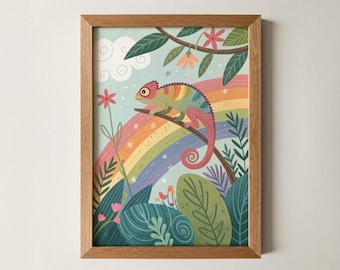 Chameleon Rainbow Print – Colorful Animal Wall Art for Kids, Nursery Jungle Decor, Whimsical Playroom Poster, Baby Shower Gift