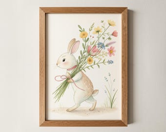 Bunny with Flowers Print – Cute Rabbit Wall Art for Kids, Spring Nursery Decor, Woodland Animal Poster, Whimsical Baby Shower Gift