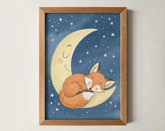 Sleeping Fox on Moon Print – Cute Animal Wall Art for Kids, Nursery Night Sky Decor, Whimsical Playroom Poster, Baby Shower Gift