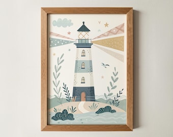 Whimsical Lighthouse Wall Art | Coastal Nursery Print | Eclectic Kids Room Ocean Decor | Seaside Illustration Nautical Ocean playroom art