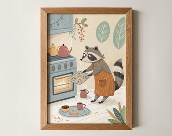 Raccoon Baking Cookies Print – Cute Animal Wall Art for Kids, Nursery Kitchen Decor, Whimsical Playroom Poster, Woodland Baby Shower Gift