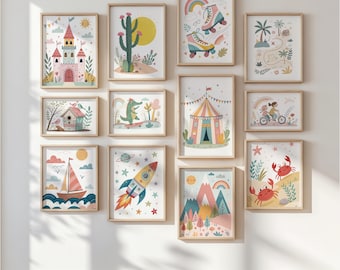 50+ Nursery Wall Art Set - Kids Room Prints, Baby Room Decor, Bright Playroom Prints, Whimsical Illustrations, Colorful Animal Poster