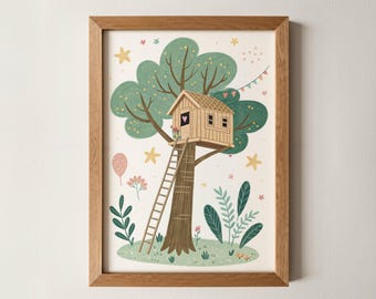 Treehouse Kids Print | Whimsical Nursery Wall Art | Boho Woodland Decor | Playroom Illustration | Printable Kids Poster | Forest Print kids
