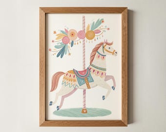 Carousel Horse Wall Art | Eclectic Illustration, Nursery Circus Animal Poster, Playroom Wall Decor, Baby Room Poster, Colorful Kids room