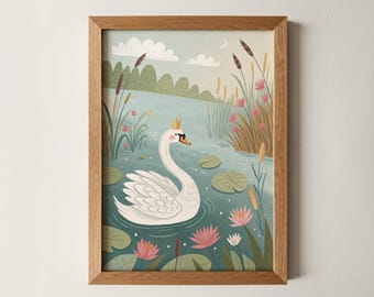 Swan Princess Print – Cute Animal Wall Art for Kids, Fairytale Nursery Decor, Whimsical Playroom Poster, Woodland Baby Shower Gift