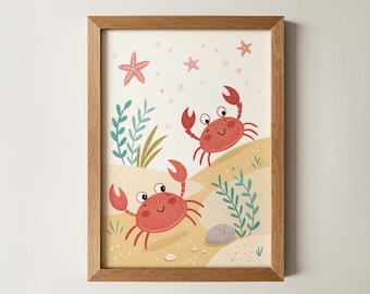 Cute Crab Wall Art | Whimsical Ocean Nursery Print | Eclectic Coastal Kids Room Decor | Playful Sea Life Poster | Playroom & Nursery Decor