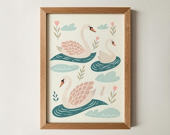 Swan Wall Art Print for Kids | Whimcical Nursery Decor | Cute Animal Illustration Poster | Baby Girl Room & Playroom Eclectic artwork