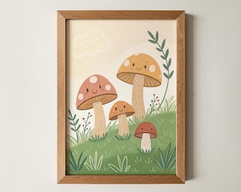 Cute Mushroom Wall Art for Kids |  Kids Room Printable Artwork, Colorful Nursery Decor, Childrens Bedroom Wall Art, storybook illustration