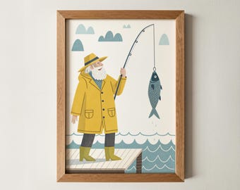 Scandinavian Fisherman Wall Art | Nautical Kids Room Print | Minimalist Coastal Nursery Poster | Whimsical Ocean Fishing Illustration