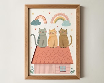 Whimsical Cat Wall Art | Cute Three Cats Illustration with Rainbow, Eclectic Kids Room Print, Playful Nursery Animal Poster, Kids room decor