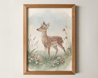 Baby deer print, Kids Room Prints Animal Nursery Decor Whimsical Playroom Artwork Retro Storybook Explorer Theme woodland Forest art