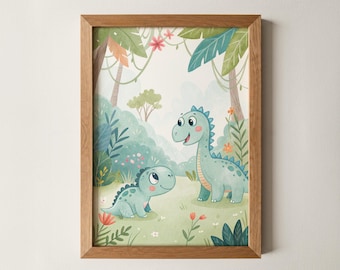 Dinosaur and Boy Watercolor Wall Art, Friendly Dino Nursery Decor