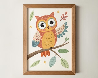 Whimsical Owl Wall Art | Eclectic Animal Print, Playful Woodland Animal Decor, Baby Room Poster, Colorful Childrens Kids Bedroom Wall Art