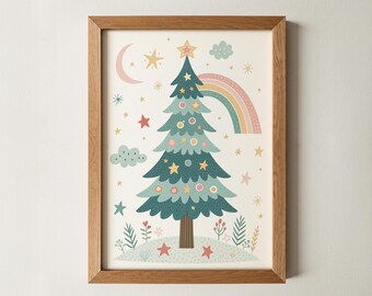 Whimsical Christmas Tree Wall Art | Eclectic Folk Art Kids Print, Pastel Holiday Nursery Decor,  Christmas Gift, Playroom & Kids Room Decor