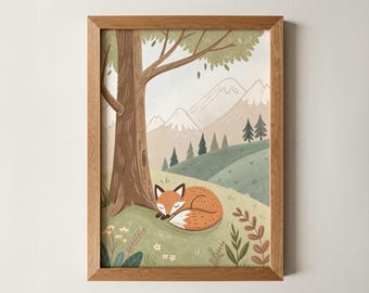 Sleeping Fox Print Woodland Animal Nursery Wall Art Cozy Forest Kids Room Decor Whimsical Minimal Illustration Nature Baby room Wall Art