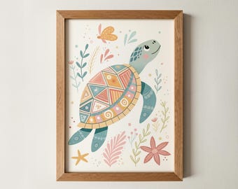 Whimsical Turtle Wall Art | Colorful Kids Room Print | Eclectic Nursery Ocean Animal Poster | Whimsical Sea Ocean Illustration