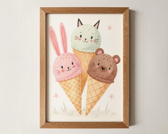 Ice Cream Animals Print – Cute Wall Art for Kids, Bunny Cat Bear Nursery Decor, Whimsical Playroom Poster, Baby Shower Gift Artwork