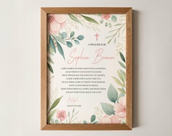 Puede incluir: Impresión enmarcada con un marco de madera clara. La impresión presenta una oración para Sophia Brown, con detalles florales y de hojas en rosa y verde. El texto incluye la fecha 20 de agosto de 2025.