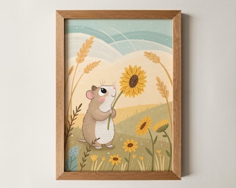 Hamster with Sunflower Print – Cute Animal Wall Art for Kids, Nursery Decor, Woodland Forest Playroom Poster, Whimsical Baby Shower Gift