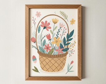 Floral Basket Wall Art | Whimsical Flower Print | Kids Room Spring Decor | Eclectic Nursery Poster |  playroom art, Girls room decor