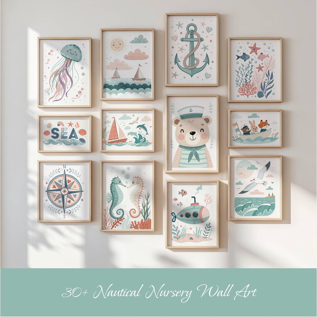30+ Nautical Nursery Wall Art Set Ocean Kids Room Decor Sailor Bear ...