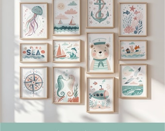 30+ Nautical Nursery Wall Art Set Ocean Kids Room Decor Sailor Bear, Boat, Sea Animals Print Bundle Coastal Baby Room Art Beach Theme Decor
