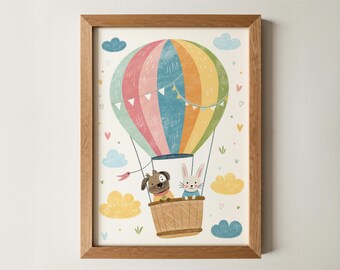 Whimsical Hot Air Balloon Wall Art | Dog and Bunny Nursery Print | Eclectic Kids Room Poster |  Adventure Illustration Playroom decor