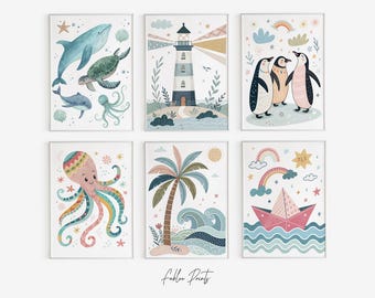 Set of 6 Ocean Nursery Wall Art Set Ocean Kids Room Decor, Boat, Sea Animals Print Bundle Coastal Baby Room Art Beach Theme