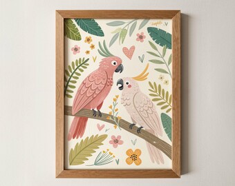 Two Parrots Woodland Nursery Wall Art - Kids Room Prints Baby Room Decor Bright Playroom Eclectic Prints Love birds Whimsical Illustrations