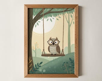 Owl Nursery Print – Cute Woodland Forest Animal Wall Art for Kids, Whimsical Playroom Poster, Classroom Decor, Storybook Illustration Gift