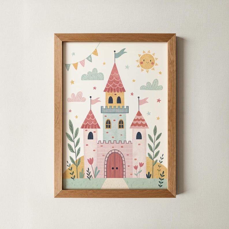 K&ouml;nnte beinhalten: Ein gerahmter Druck mit einer Illustration eines M&auml;rchenschlosses. Das Schloss hat rosa, blaue und gelbe T&uuml;rme, ein rotes Dach und einen gew&ouml;lbten Eingang. Das Kunstwerk zeigt eine l&auml;chelnde Sonne, Wolken, Sterne und bunte Wimpelketten.