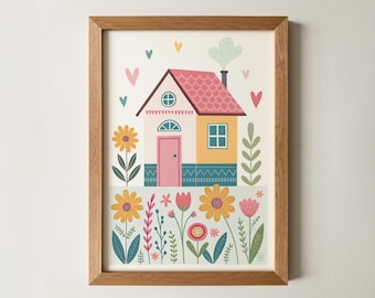 Colorful House Wall Art | Whimsical Kids Room Print | Eclectic Folk Art Illustration | Playroom & Nursery Decor | Cottagecore Home Poster