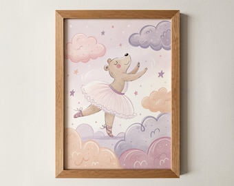Ballerina Bear Print – Cute Animal Wall Art for Kids, Nursery Ballet Decor, Whimsical Playroom Poster, Baby Shower Gift for Girls Room decor