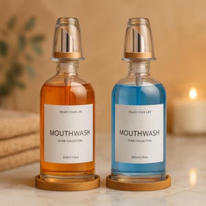 May include: Two glass mouthwash bottles, one orange and one blue, with silver and bamboo accents. Each bottle has a white label that reads "Enjoy Your Life" and "Mouthwash Home Collection 500ml | 10oz". The bottles sit on round wooden coasters.