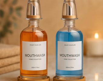 Glass Mouthwash Dispenser with Stainless Steel Spout and Bamboo Base – Refillable Bottle for Bathroom, Oil, Syrup or Liquid Soap