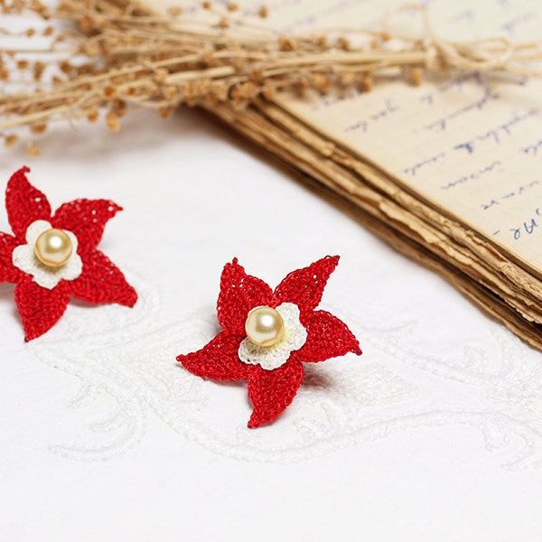 Crochet Bohemian Chic Studs Earrings in Red, White with Glass Pearl Varnished Hippie Boho Gypsy Style Jewelry Flower Iznik Tile